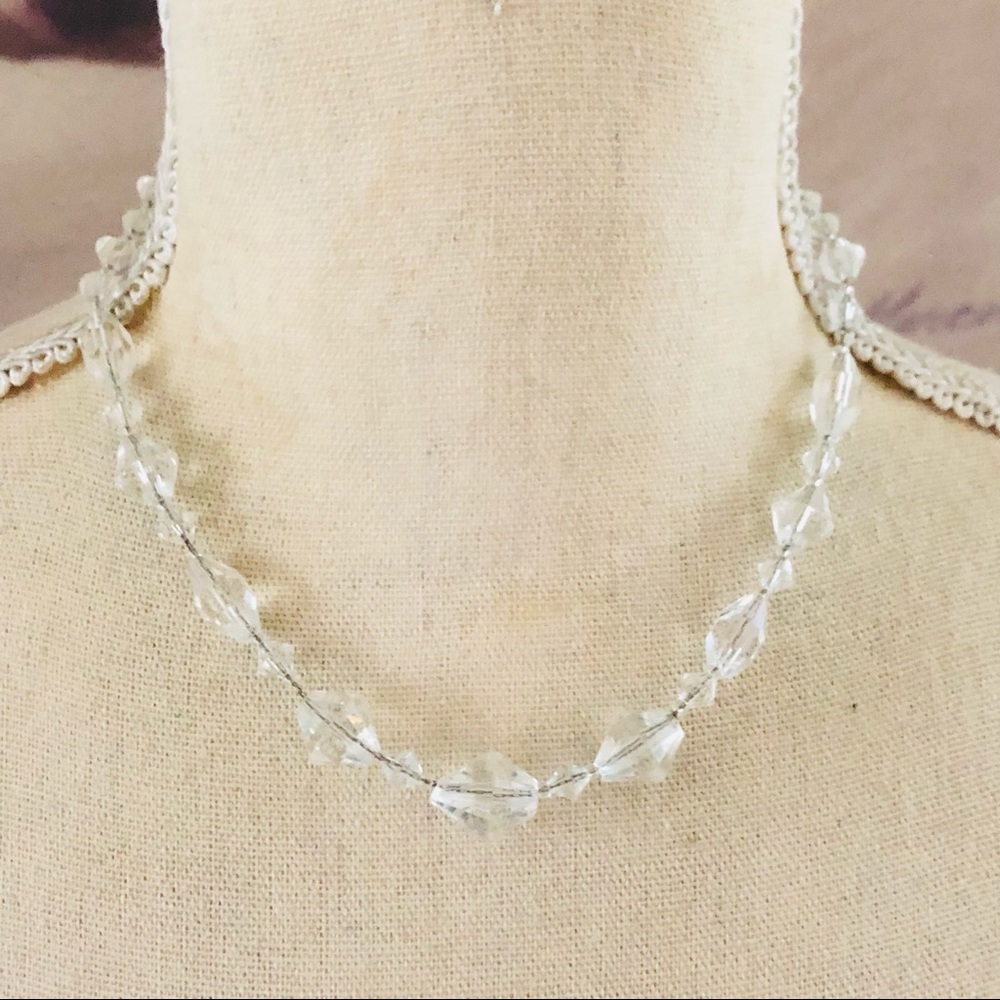 Vintage faceted clear glass crystal chain strand necklace